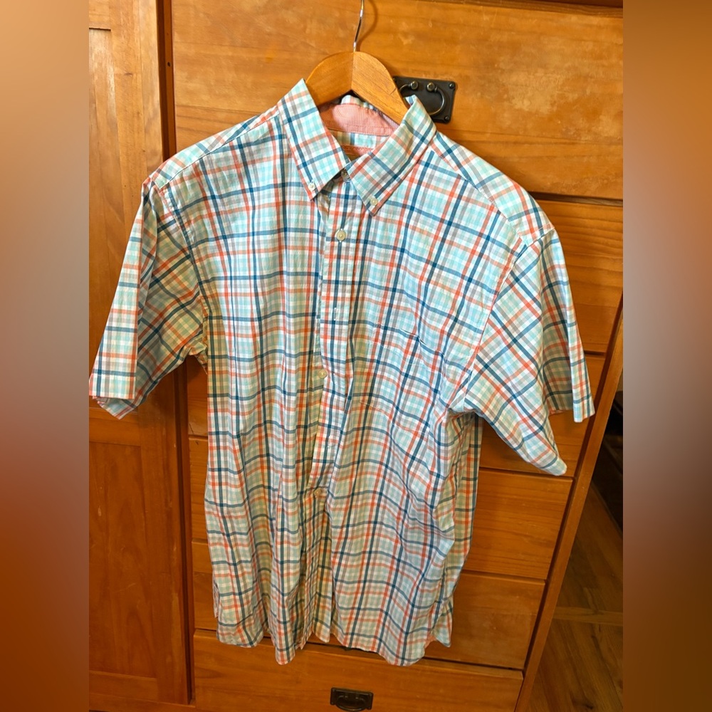 Haggar Blue and Orange Casual Button Down Shirt